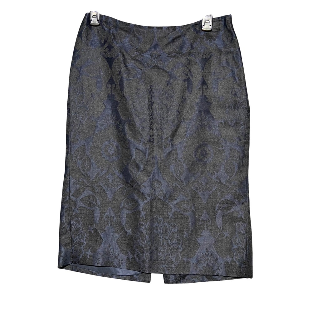 Ann Taylor Navy Blue Silk Linen Damask Floral Brocade Pencil Skirt Size 4 Lined